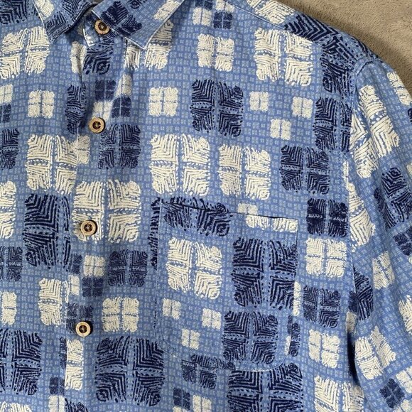 Nat Nast Shirt Men M Blue Geo Tribal Tiki Hawaiian Camp Button Up Silk Cotton - Picture 4 of 11